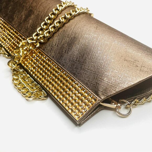 Handbags - Vintage Bronze Gold Rhinestone Clutch w Chain Strap Evening Bag